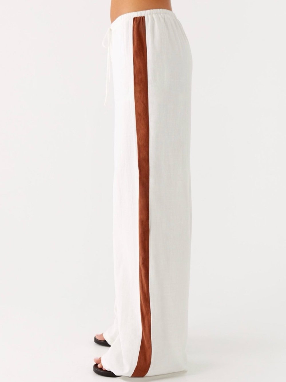 Peppermayo White Wide-Leg Drawstring Pants with Brown Side Stripe - Picture 2 of 4